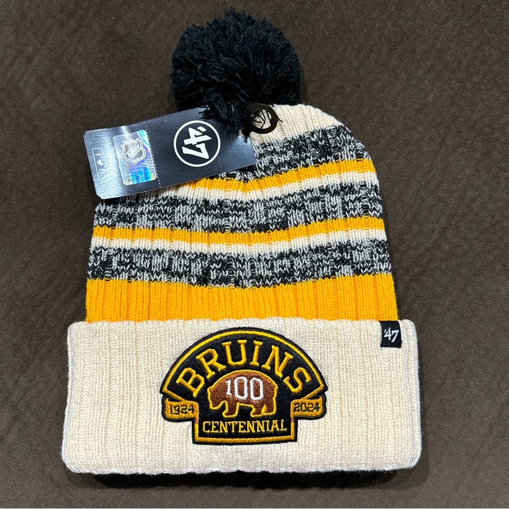 NEW Boston Bruins NHL Hockey '47 Centennial 100 Years Cuffed Knit Beanie Pom Cap